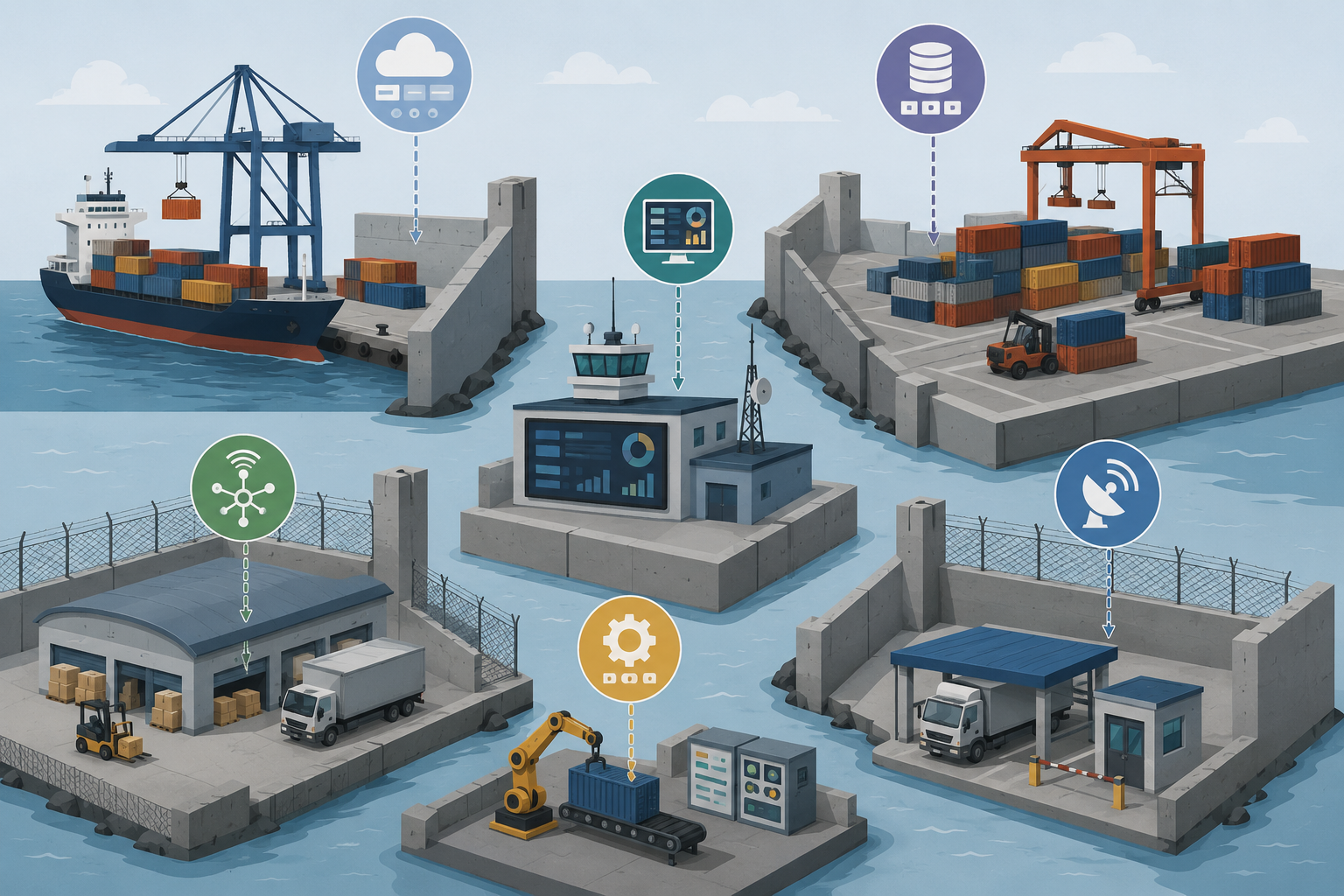 Flat vector image of a port divided into isolated sections with distinct digital system icons and visual gaps representing IT silos.