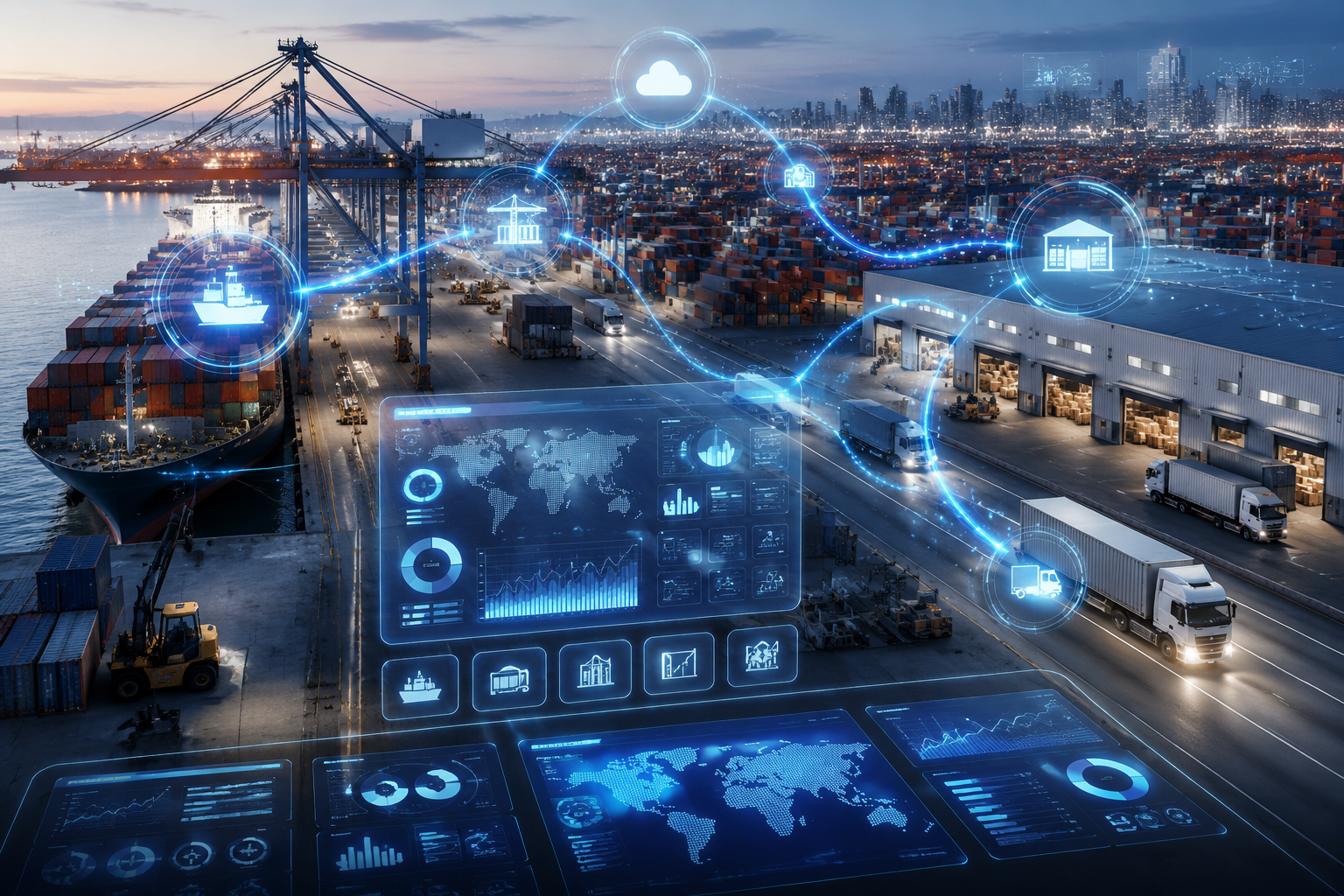 3D render of a port with a unified digital dashboard overlay and flowing data lines connecting terminals, warehouses, and vehicles.