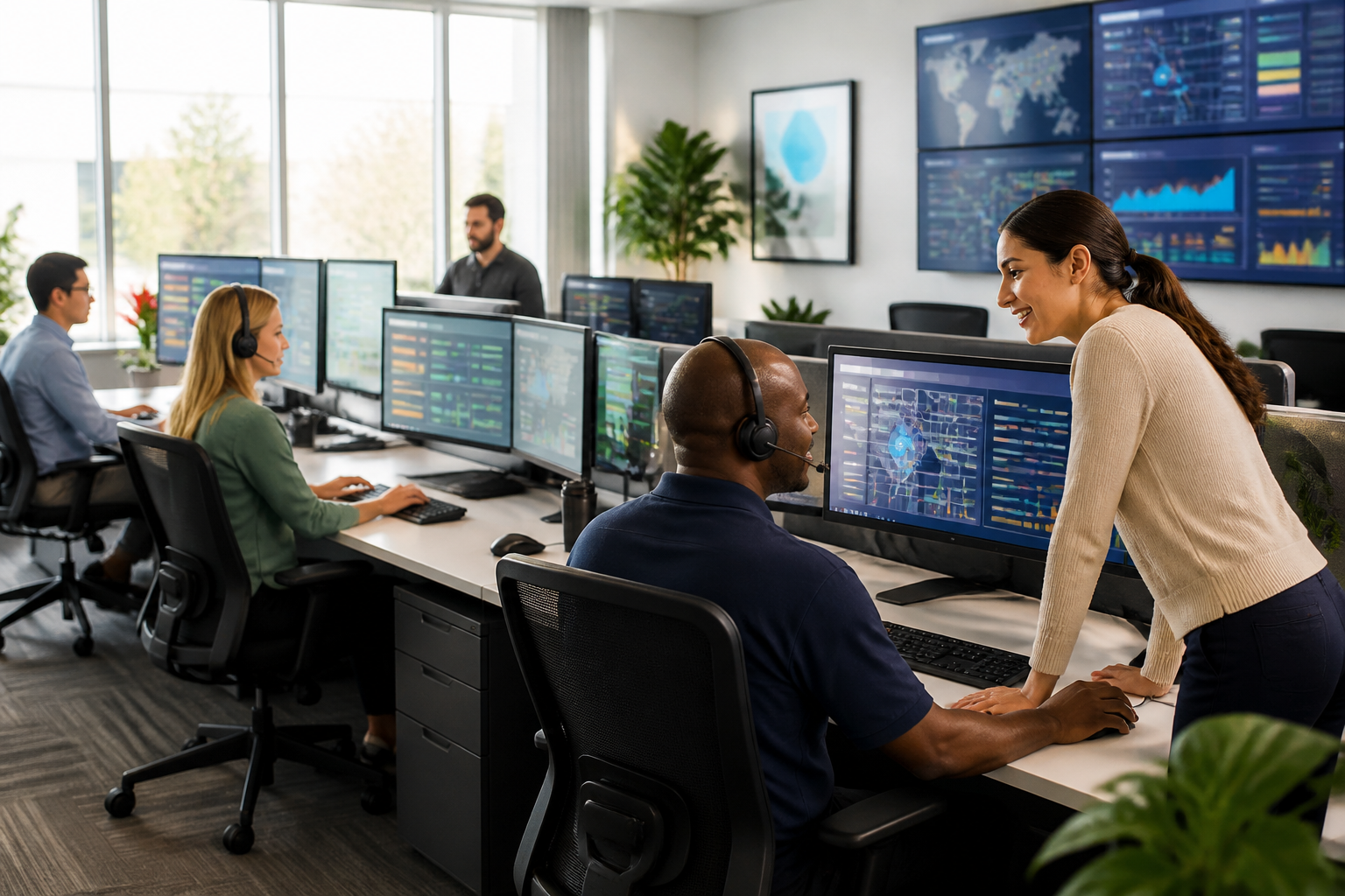 A bright, modern dispatch office with a diverse team working together at computers, showing abstracted logistics data on screens in a calm, organized environment.