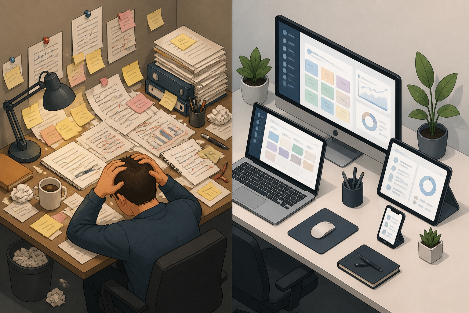 Isometric illustration contrasting a chaotic manual planning desk with a streamlined digital planning setup, emphasizing the difference between fragmented and integrated dispatch processes.