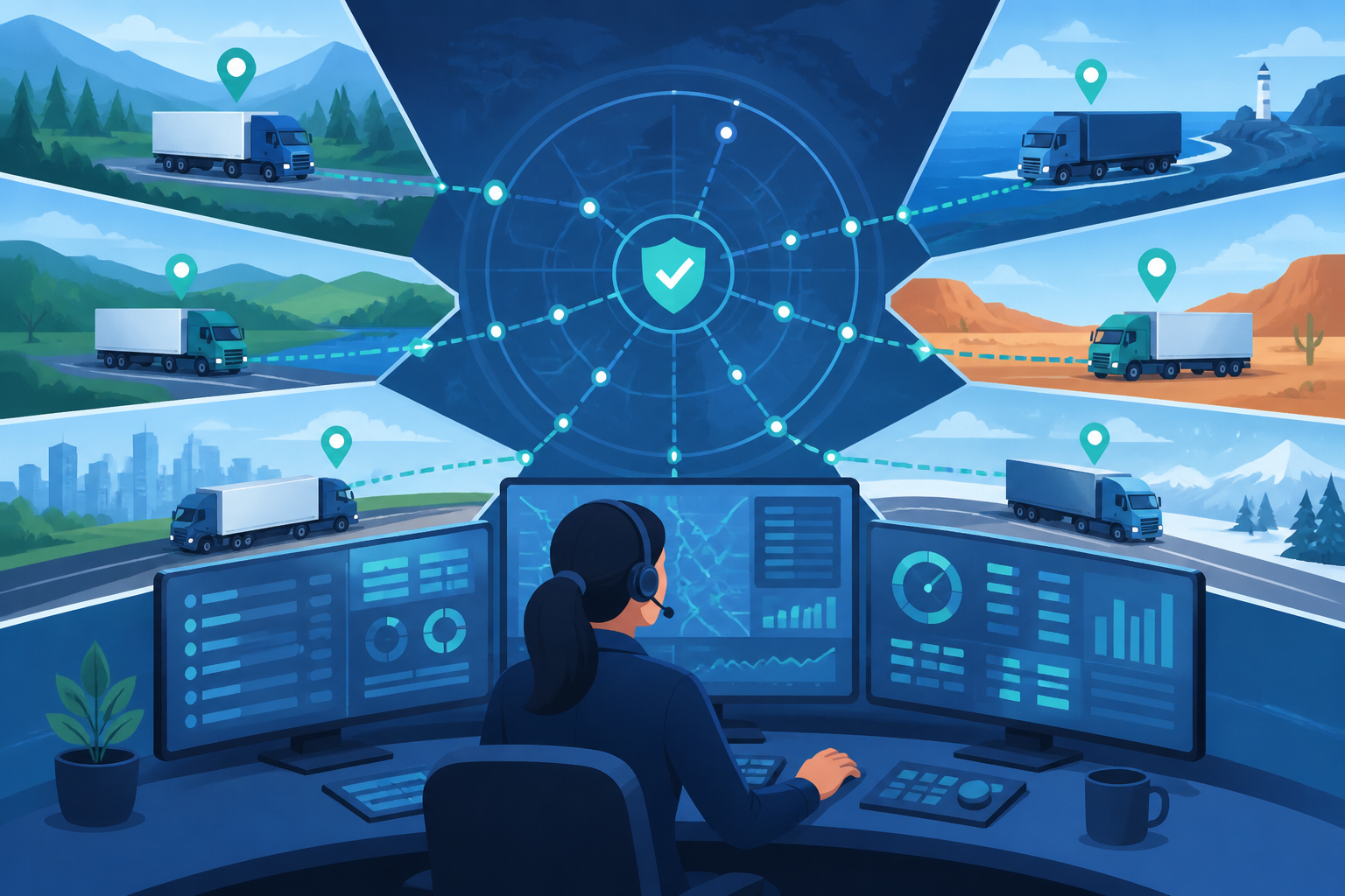 Flat vector image of a dispatcher at a digital dashboard managing multiple trucks and routes, symbolizing operational control and reduced stress.