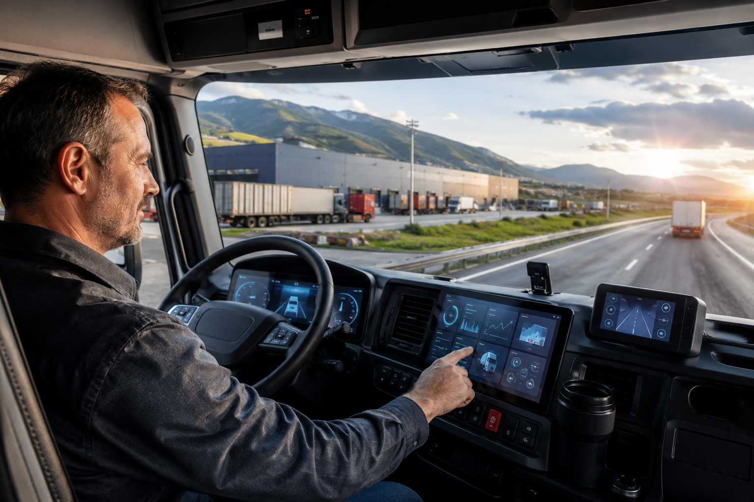 A truck driver in a modern cab looks at a digital dashboard, with a logistics terminal and highway visible outside, illustrating technology's impact on the trucking profession.