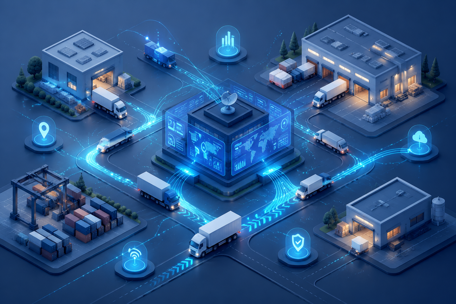 Isometric illustration of trucks and terminals connected by data flow lines, demonstrating real-time logistics technology.