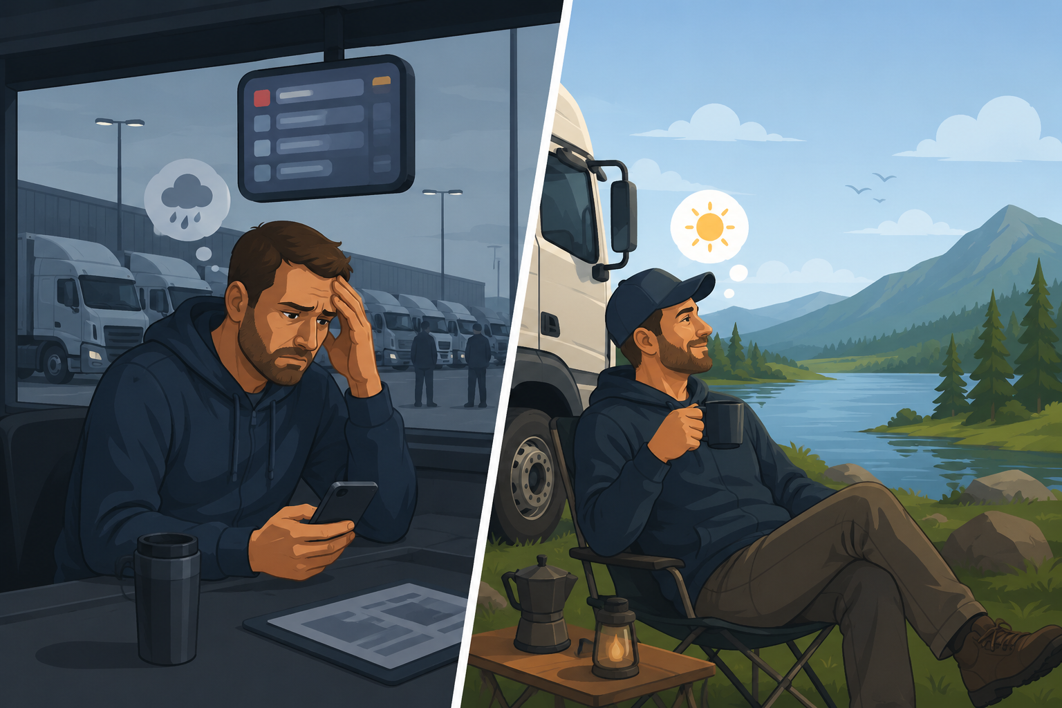 Flat vector image comparing a stressed driver waiting at a terminal with a relaxed driver enjoying leisure time, illustrating improved work-life balance.