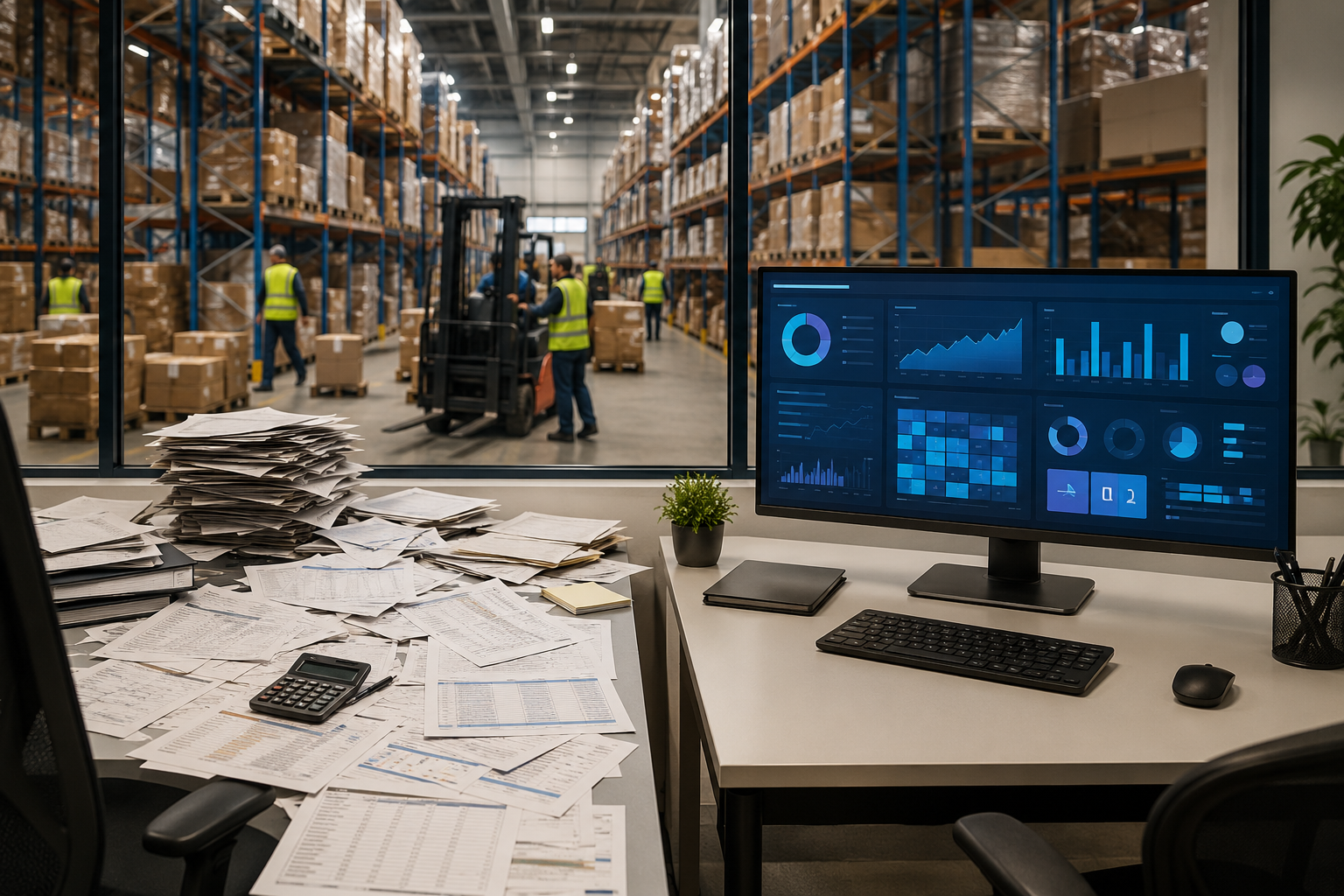 A warehouse office showing a cluttered desk with paper spreadsheets beside a clean desk with a digital dashboard, with warehouse activity visible in the background.