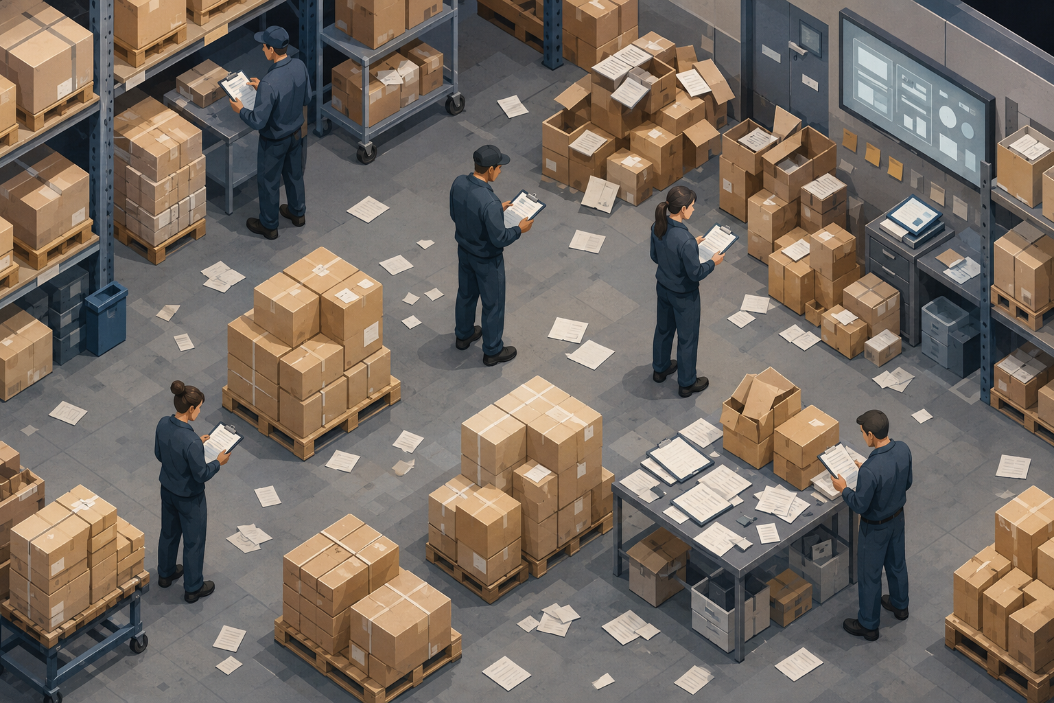 Isometric illustration of warehouse workers using clipboards amid stacks of boxes and scattered papers, highlighting manual tracking inefficiencies.