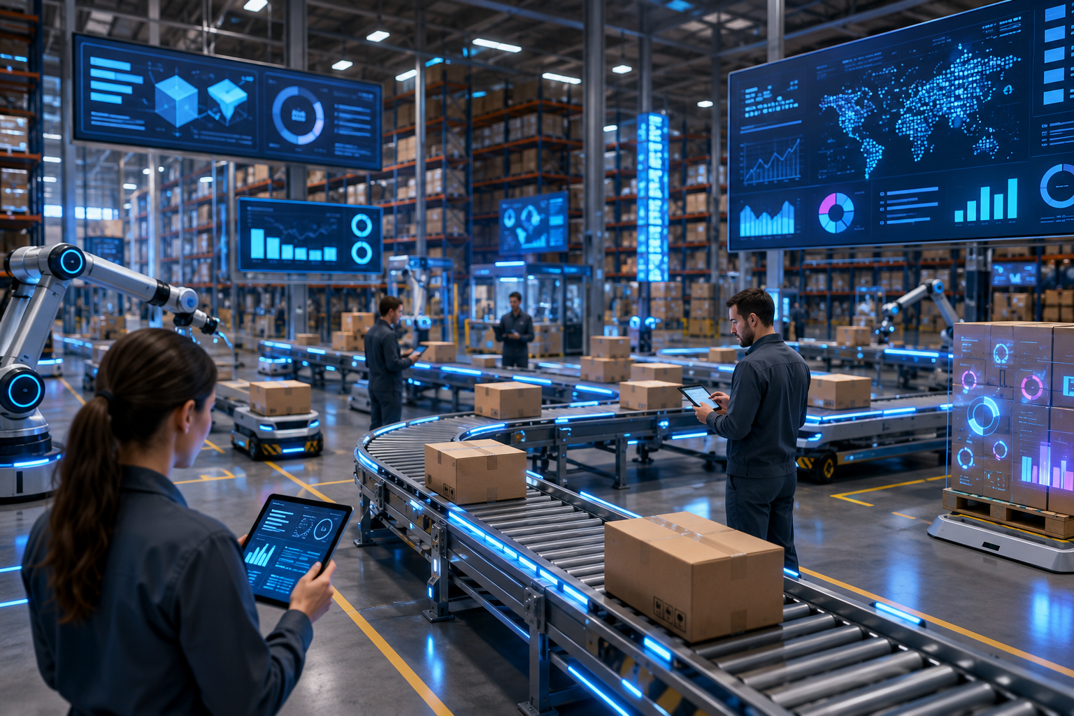 3D-rendered warehouse with automated conveyors, digital screens, and staff using tablets, representing real-time system efficiency.