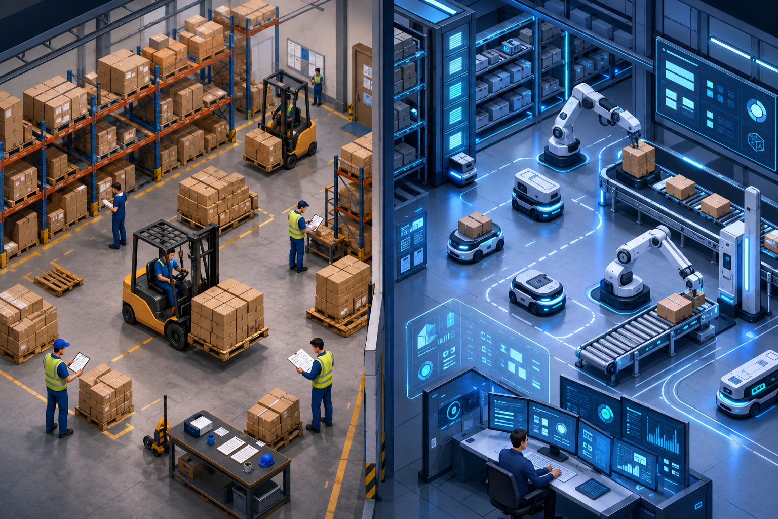 Isometric illustration of a warehouse split between manual operations with workers and paper, and automated operations with robots and digital displays.