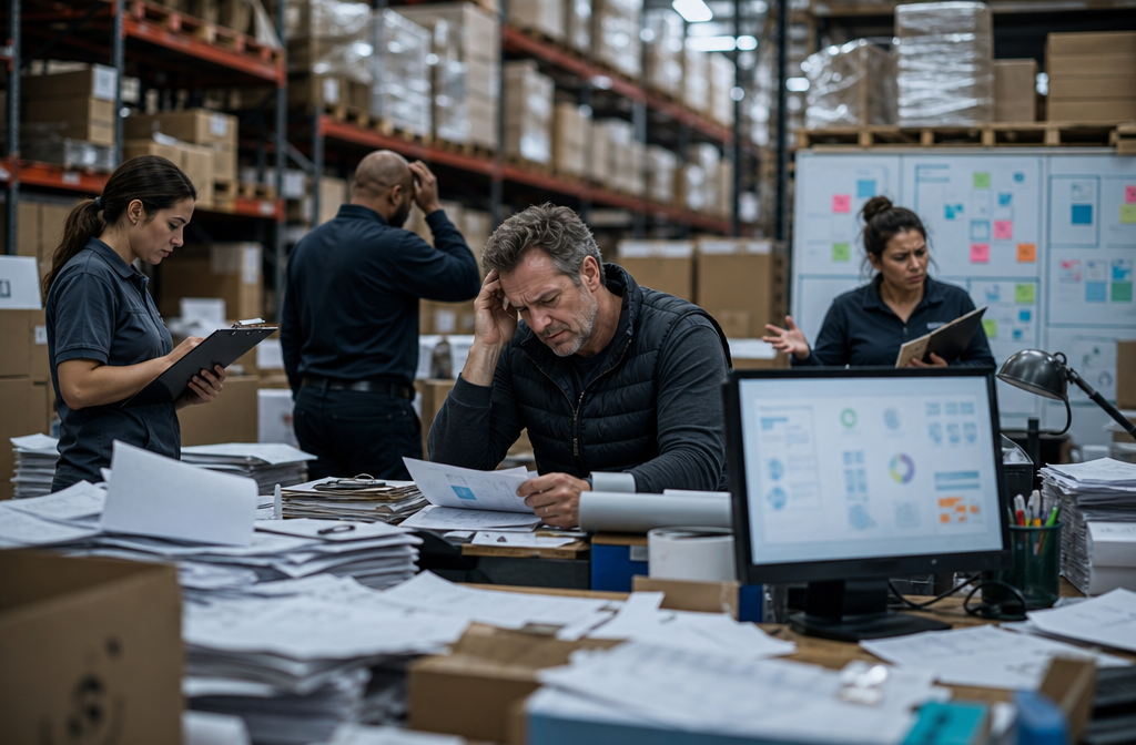 Photorealistic image of warehouse staff struggling with paperwork and clutter, illustrating inefficiency in manual operations.