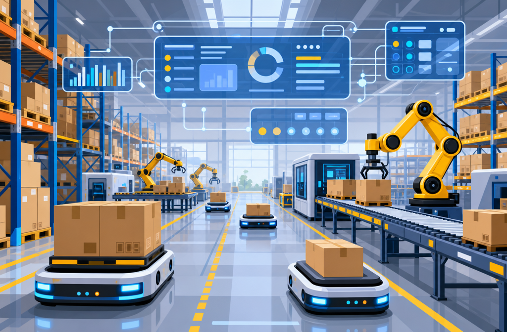 Flat vector image of an organized warehouse with robots and digital dashboards, symbolizing automated real-time coordination.