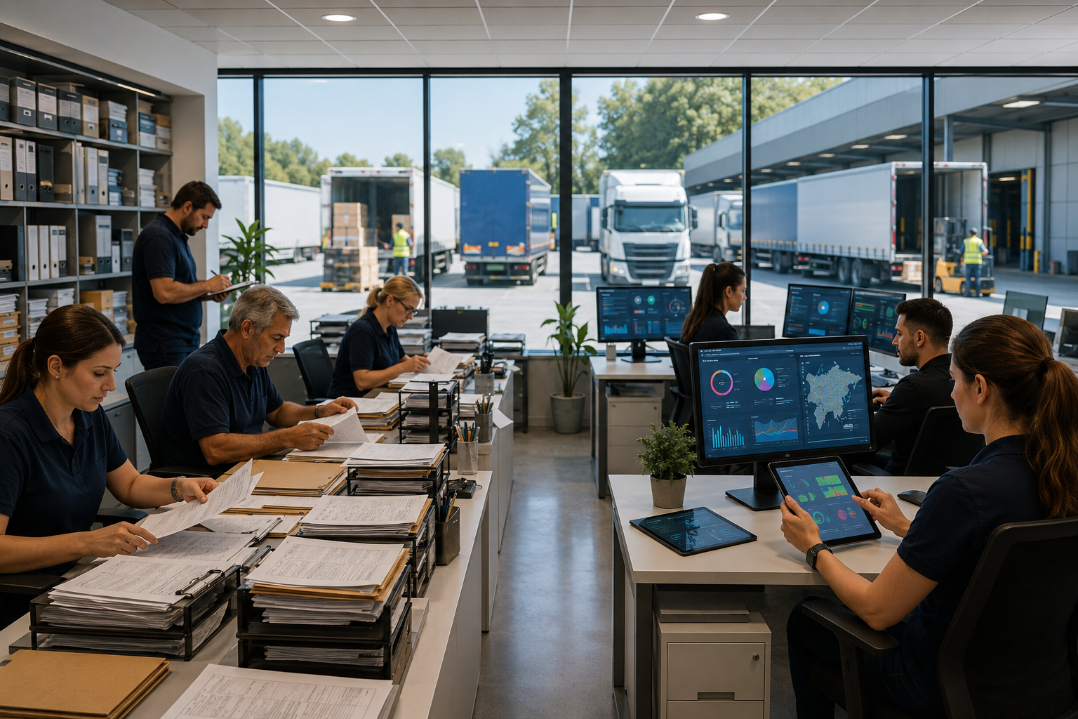 A transport office split between manual paperwork and digital device use, with trucks visible outside, illustrating the shift from manual to digital operations.
