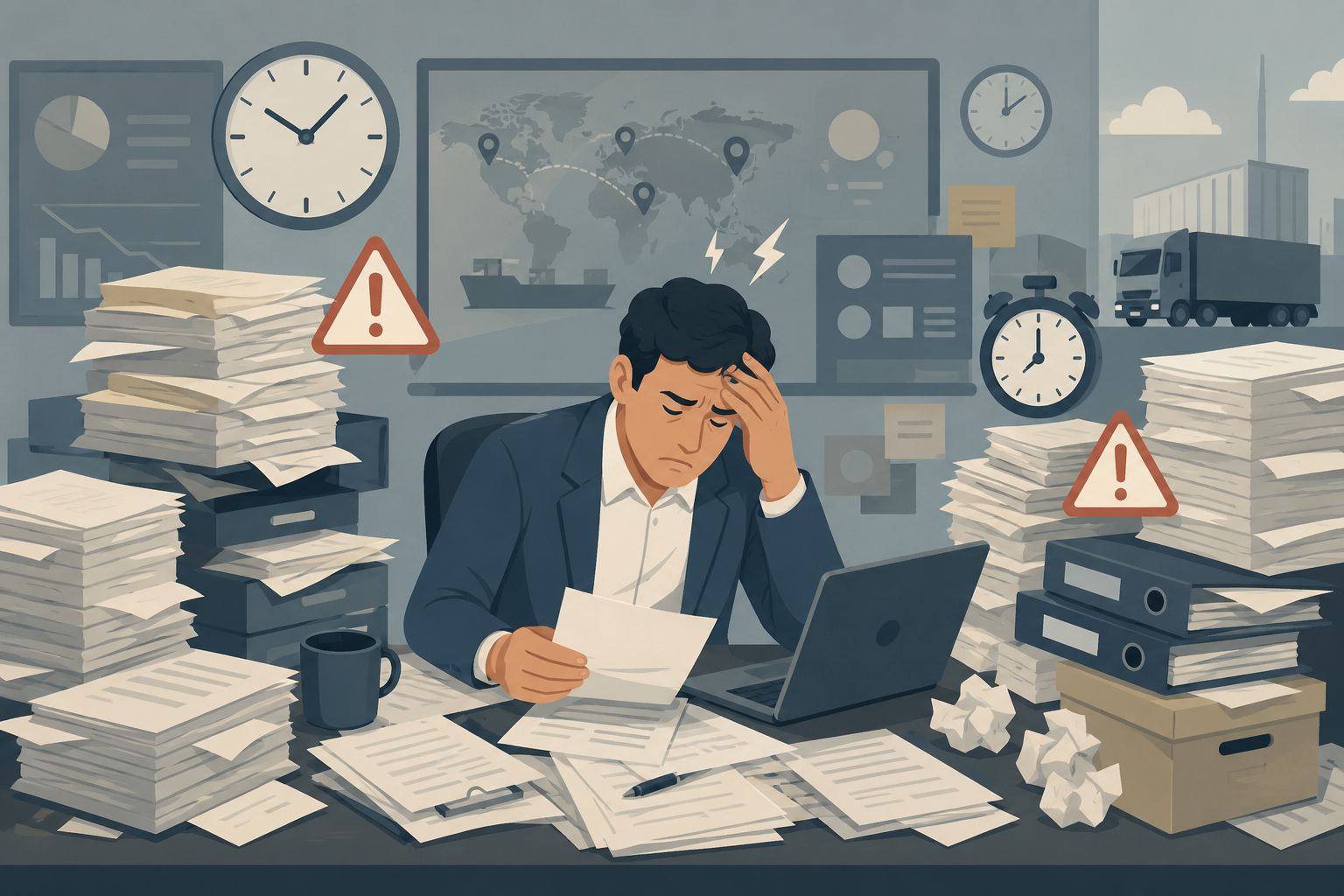 A vector image of a logistics manager overwhelmed by paperwork, clocks, and warning symbols, representing the risks and costs of manual processes.