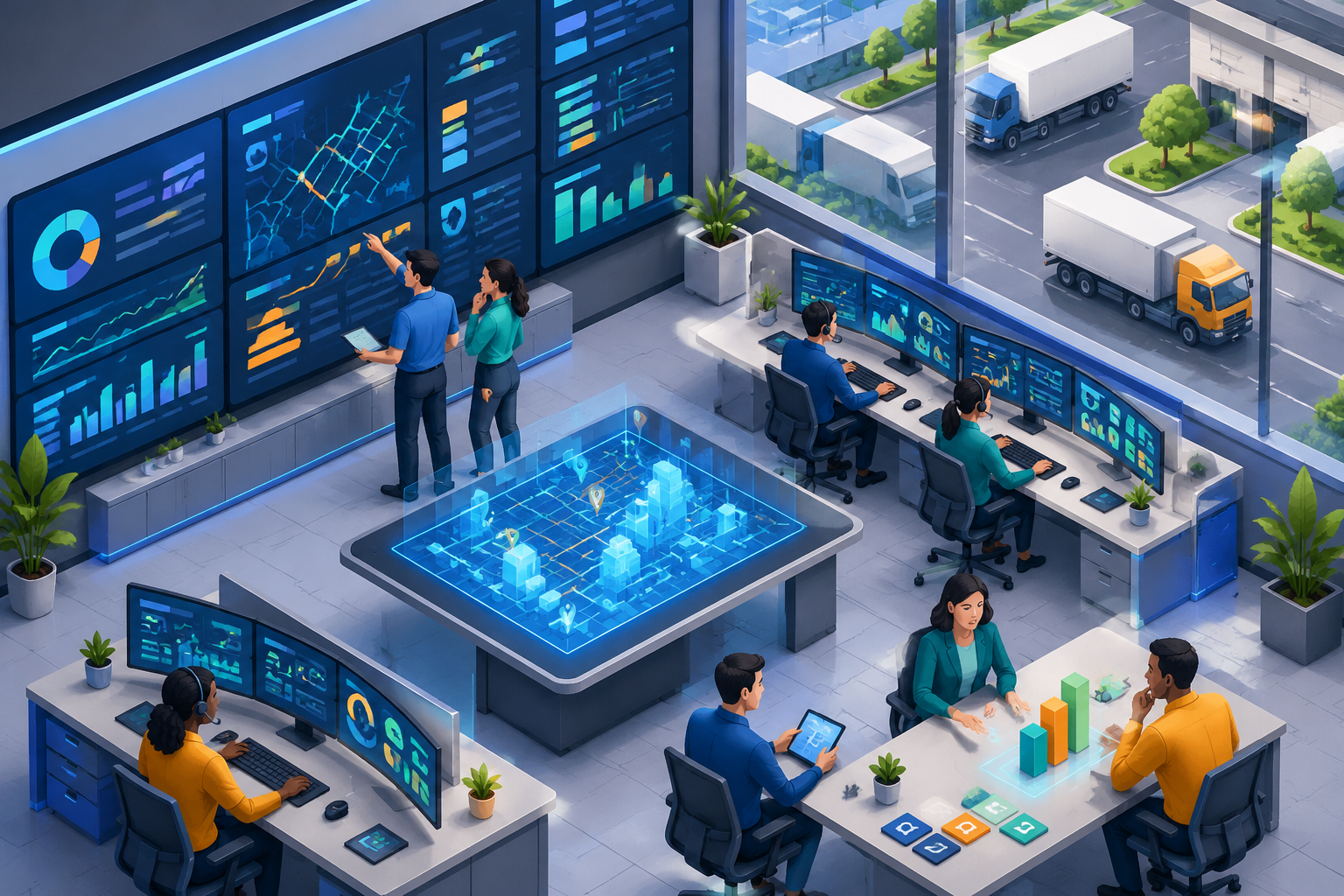 Isometric illustration of a digital transport control room with staff collaborating and trucks moving outside, highlighting the benefits of digitalization.