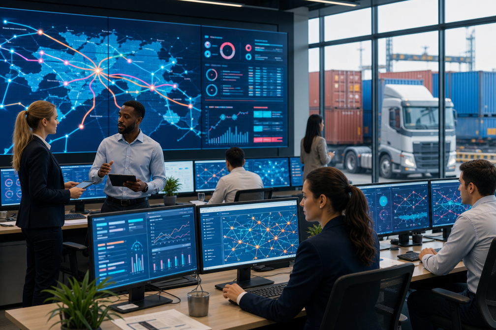 A modern logistics control room with people collaborating and monitoring digital dashboards showing abstract shipment data, with transportation elements in the background.