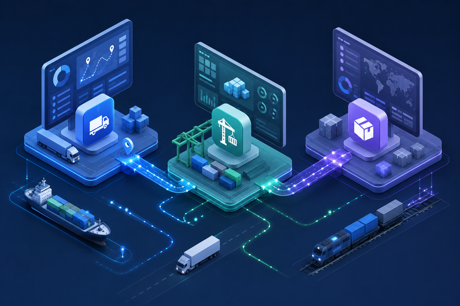 Isometric illustration of interconnected digital logistics systems with abstract icons and flowing connections symbolizing transparency and integration.
