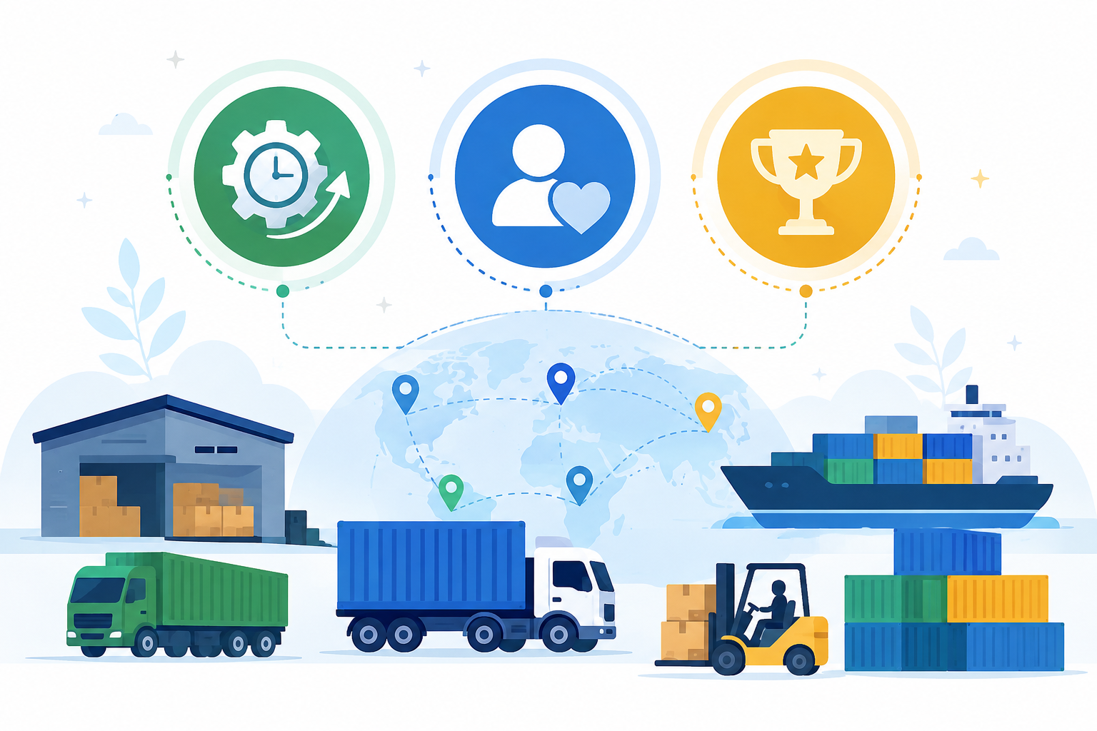 Flat vector image with icons representing efficiency, customer loyalty, and competitive edge, combined with stylized logistics visuals.