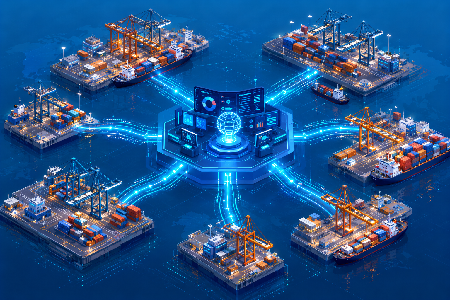 Isometric illustration of several port terminals connected by digital data streams, with cranes and containers, symbolizing network-wide benchmarking and unified performance insights.