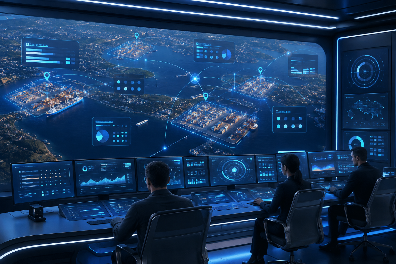 3D render of a control room with a digital map of terminals and abstract dashboards, illustrating real-time network-wide performance insights.