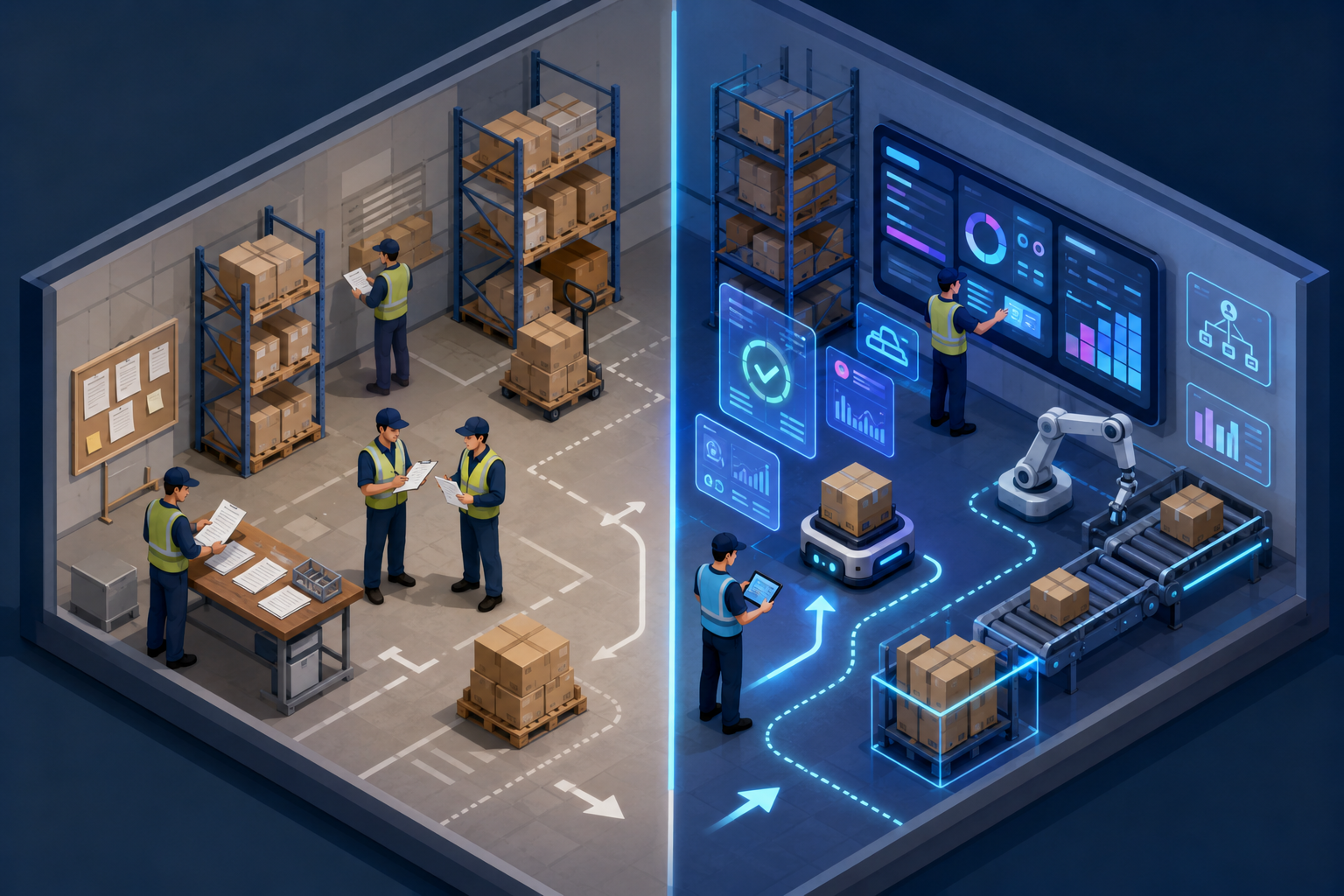 Isometric split-scene warehouse showing manual coordination with paper on one side and digital tools on the other.