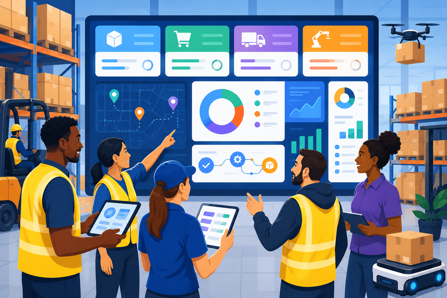Warehouse team collaborating in front of a large dashboard with icons, symbolizing real-time visibility and workflow automation.