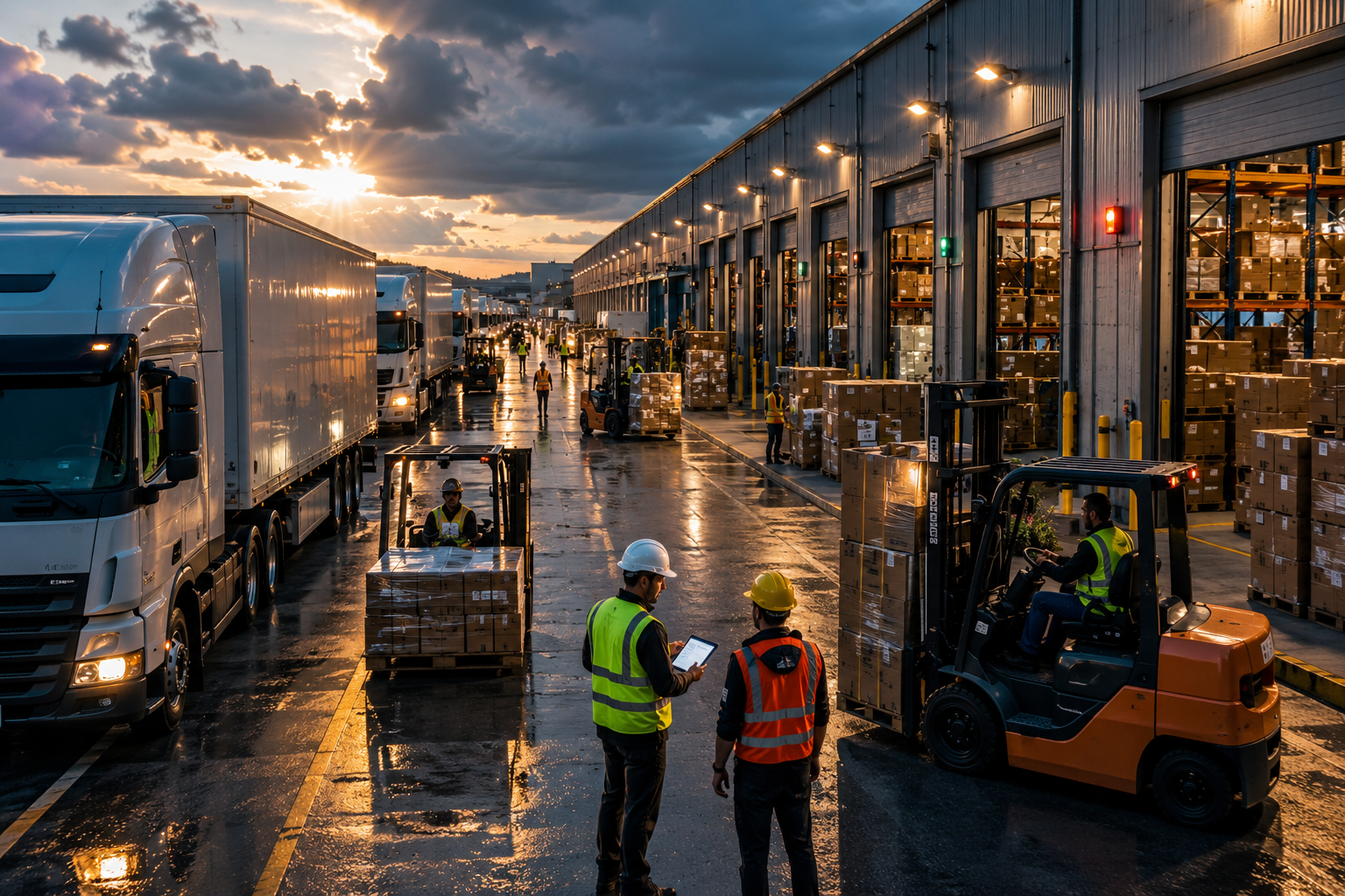 A busy warehouse exterior with trucks at loading docks, forklifts moving goods, and staff coordinating shipments during peak traffic hours.