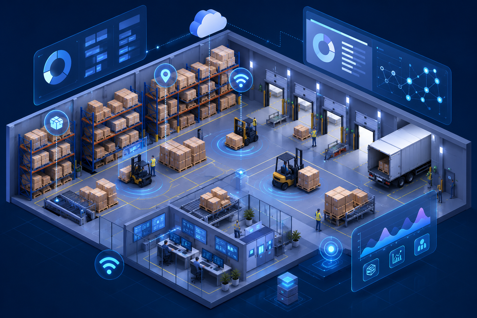 Isometric illustration of a warehouse with moving goods and digital dashboards representing real-time operational visibility.