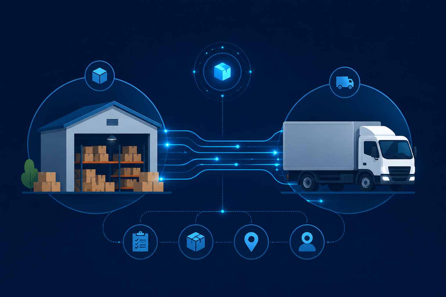Minimal vector diagram of a warehouse and truck connected by digital lines, representing integrated warehouse and transport operations.