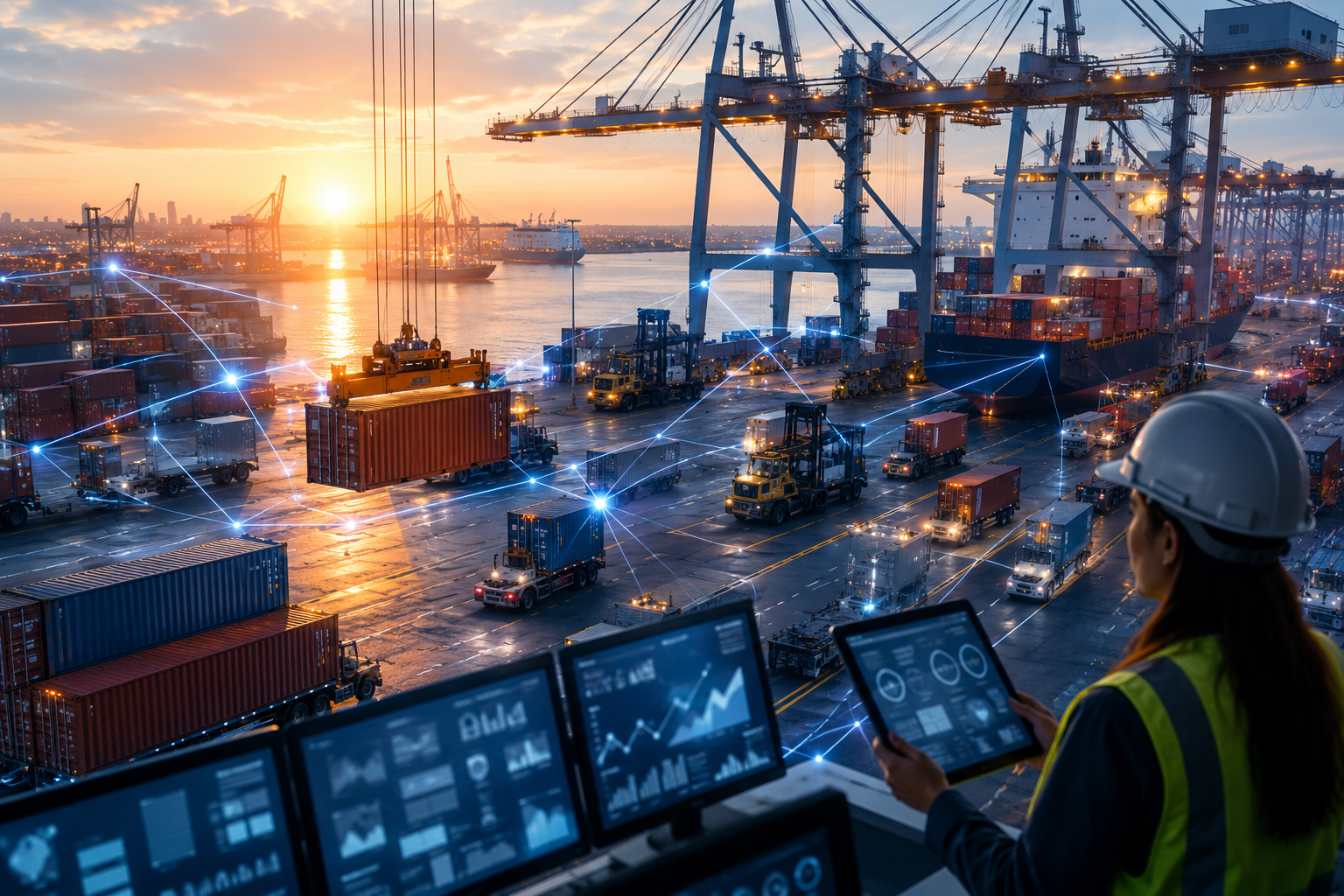 A modern shipping terminal with cranes, containers, and vehicles, enhanced by digital network lines representing automation.