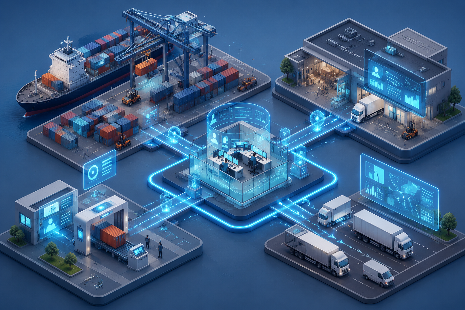 Isometric illustration of a terminal with container, customs, and transport areas connected by digital automation flows.