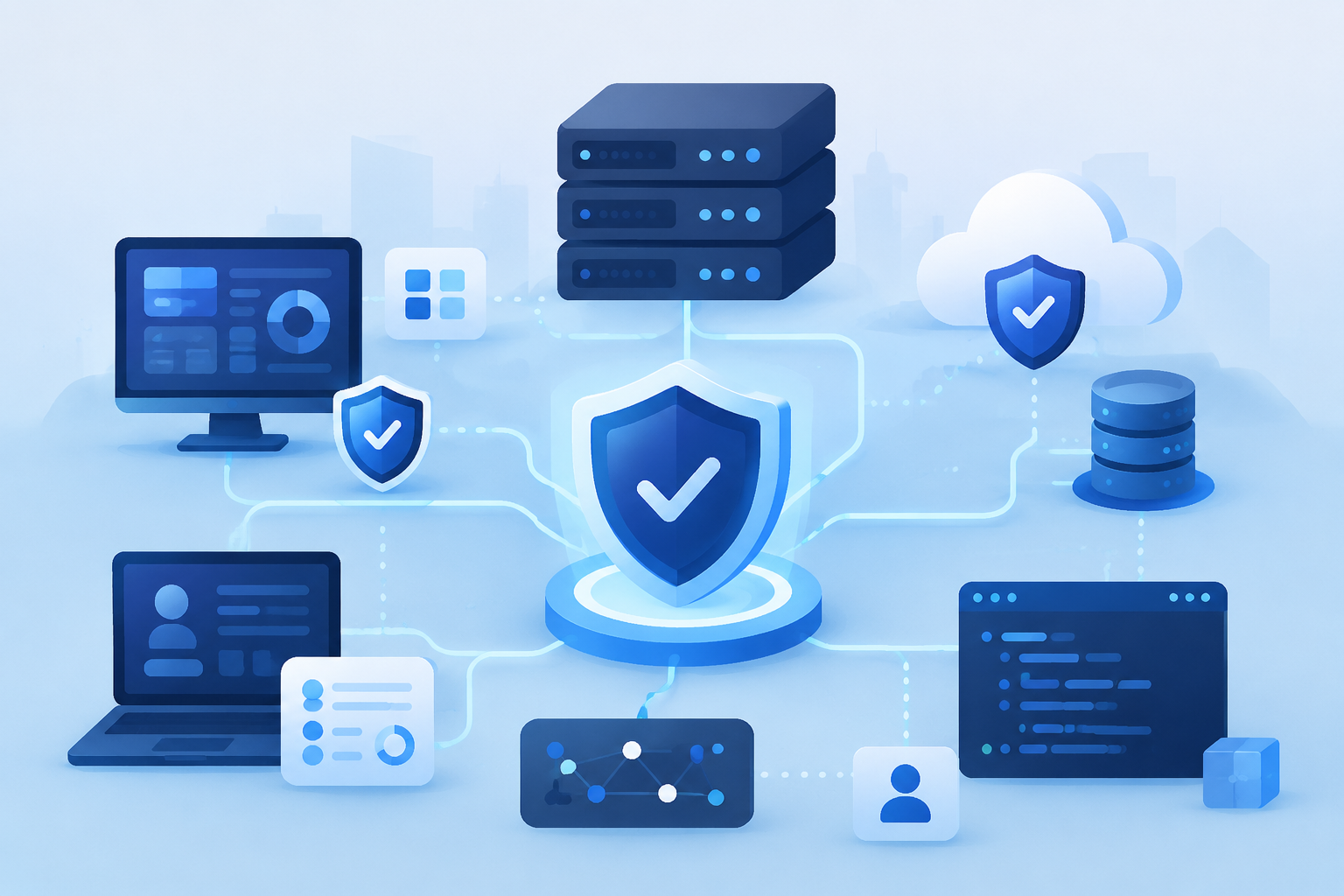 Flat vector illustration of interconnected IT systems with security icons and terminal elements, symbolizing reduced operational risk.