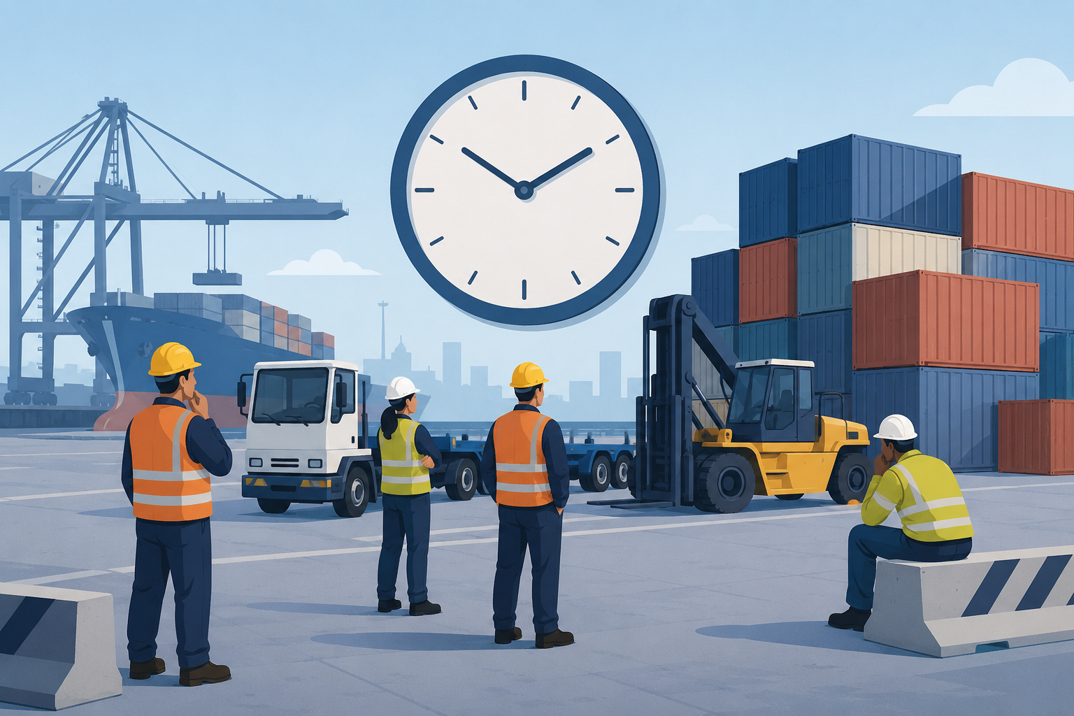 Vector illustration of terminal workers waiting by idle equipment with a clock symbolizing operational delays.