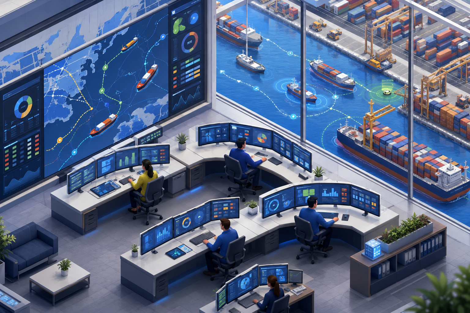 Isometric illustration of terminal operators using digital dashboards and maps to manage vessel and cargo workflows.