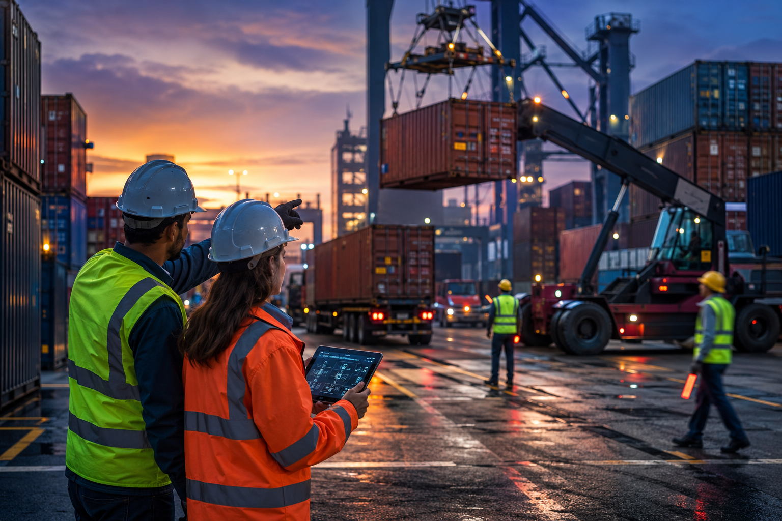 A busy cargo terminal at dusk with workers in safety gear and large cargo vehicles moving among shipping containers, highlighting a sense of coordinated activity and safety.