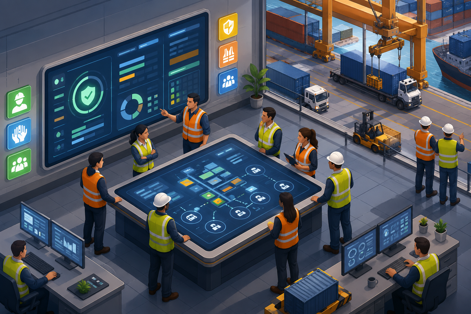 Isometric illustration of terminal staff collaborating around a digital dashboard, with icons and visual cues representing safety and efficient workflow.