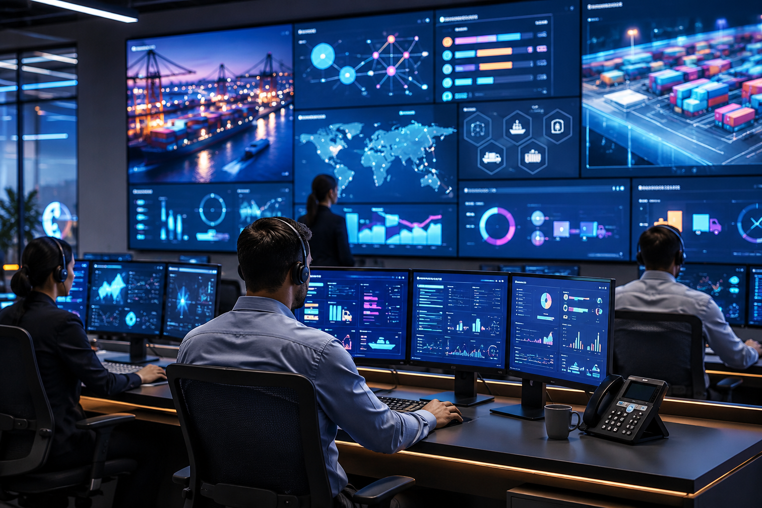 3D-rendered control center with operators monitoring multiple abstract digital screens, representing real-time coordination of terminal operations through technology.