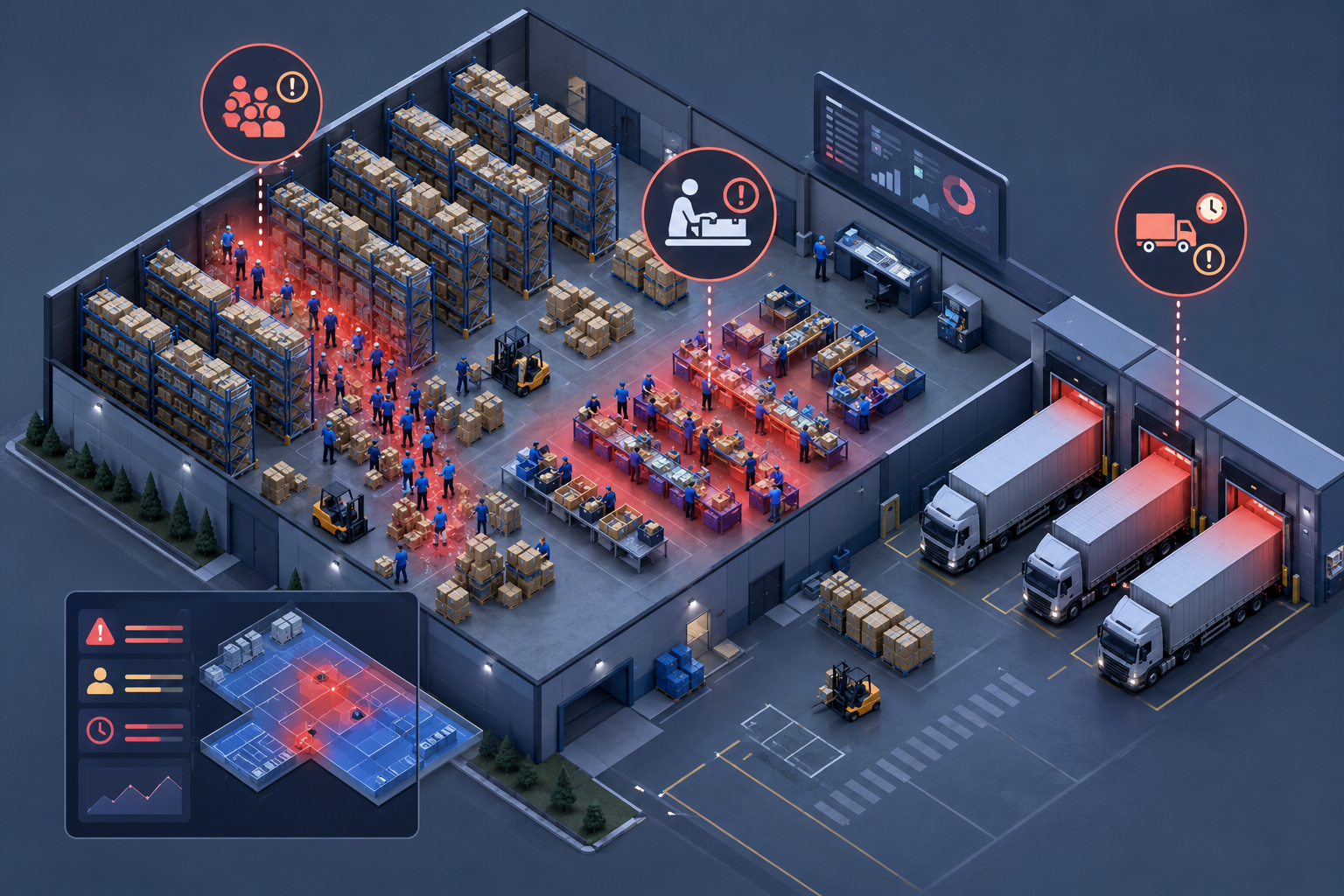 Isometric illustration of a warehouse layout with highlighted zones indicating process bottlenecks and manual task areas.