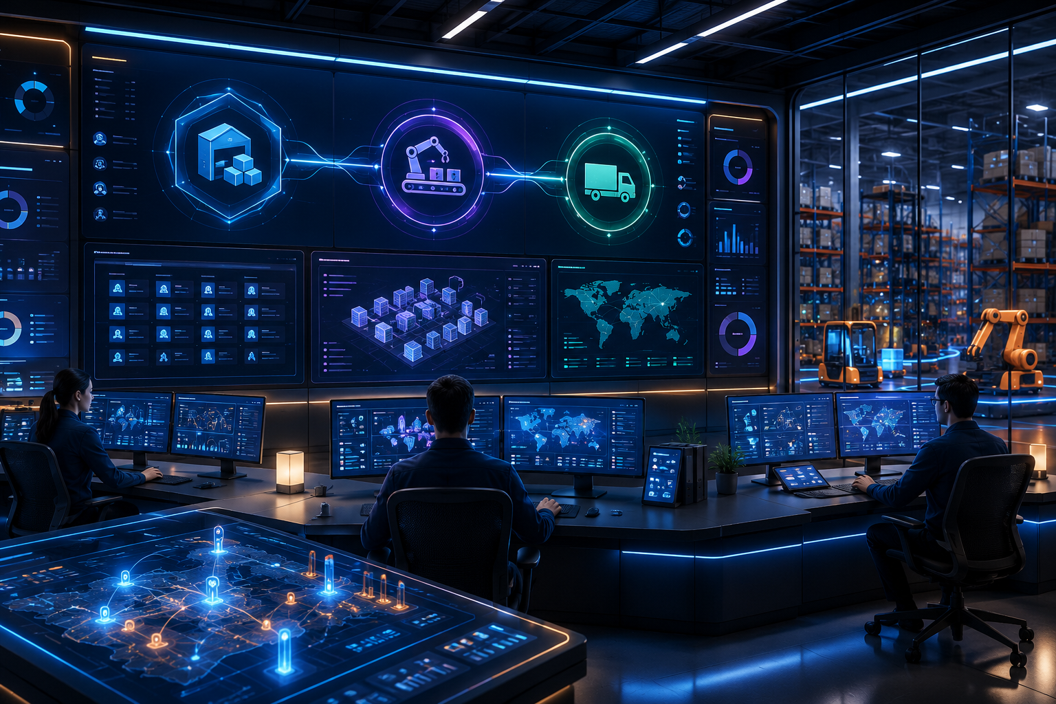 3D render of a modern warehouse command center with operators and digital screens representing interconnected warehouse management systems.