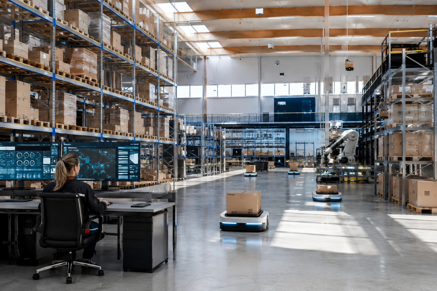 A modern Nordic warehouse interior featuring automated conveyor belts, organized shelving, and digital display panels, all arranged to convey efficiency and scalability.