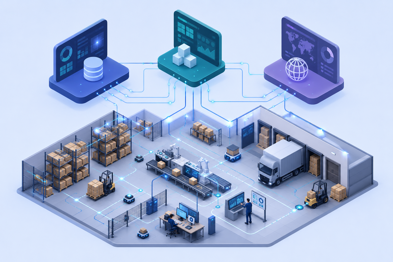 Isometric illustration of a warehouse with interconnected system icons and digital lines, representing integration of warehouse and transport management systems.