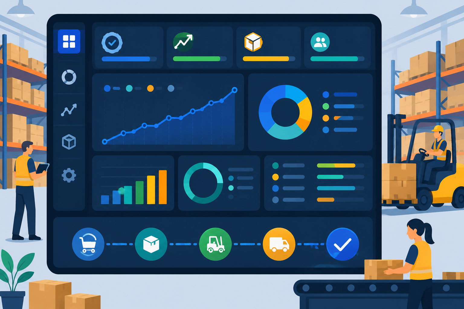 Flat vector illustration of a dashboard with abstract charts and progress bars, representing measurement and continuous improvement in warehouse operations.