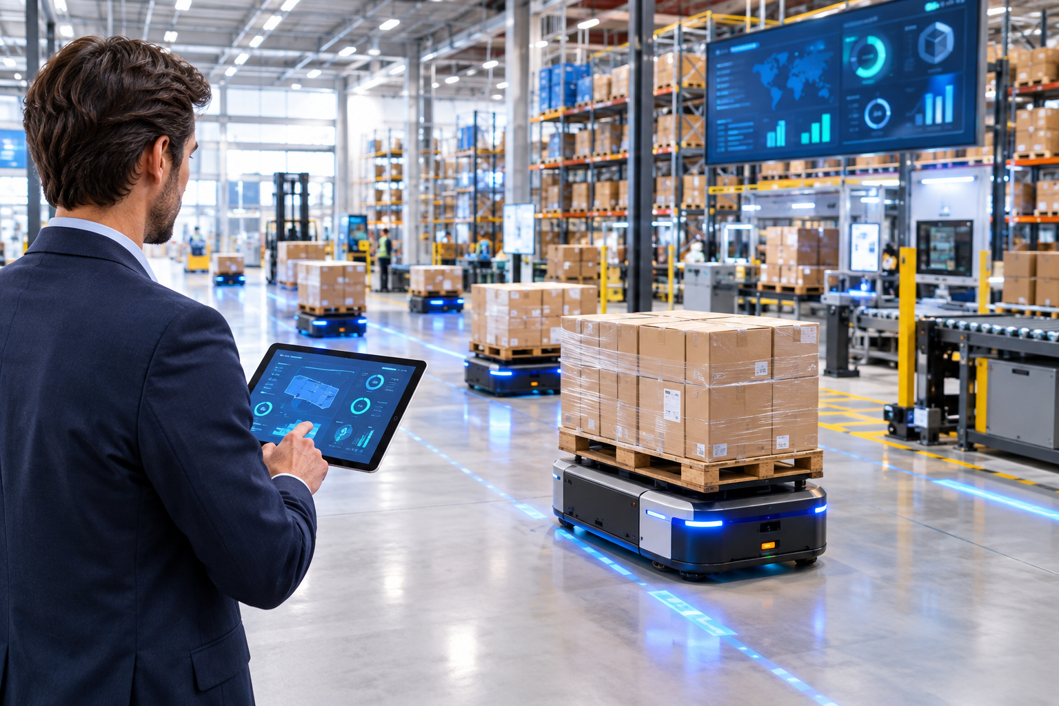 A modern warehouse with robots moving goods and a manager monitoring operations on a digital tablet, illustrating digital transformation in logistics.