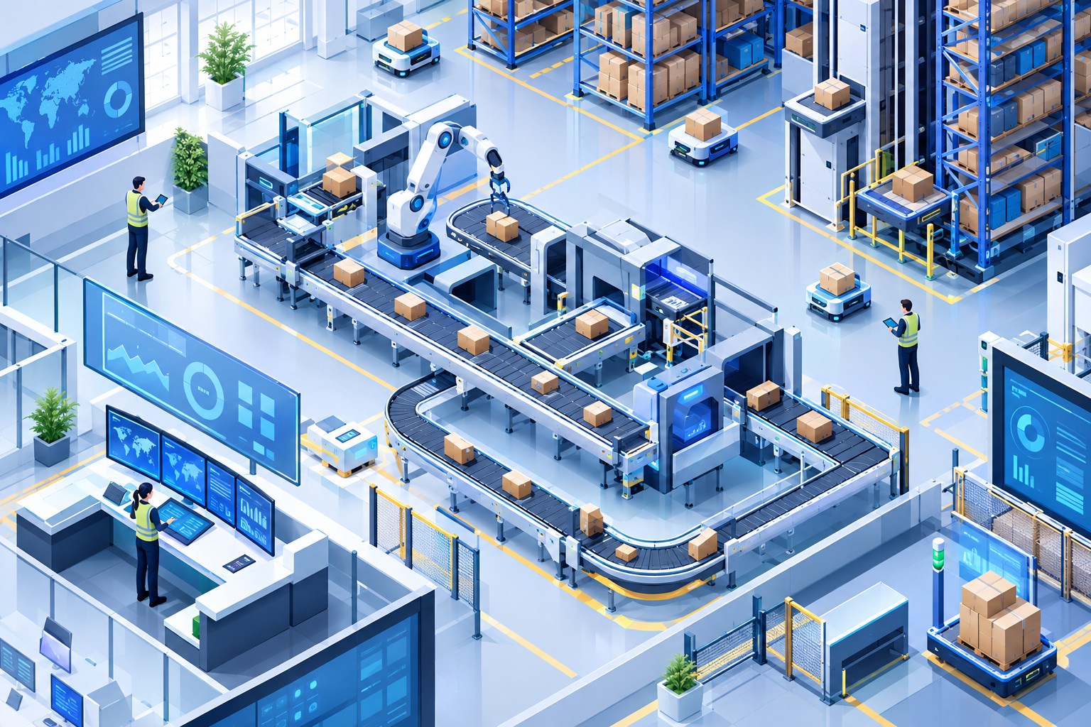 Isometric illustration of an automated warehouse with conveyors and digital screens, highlighting the benefits of digital management and minimal manual intervention.
