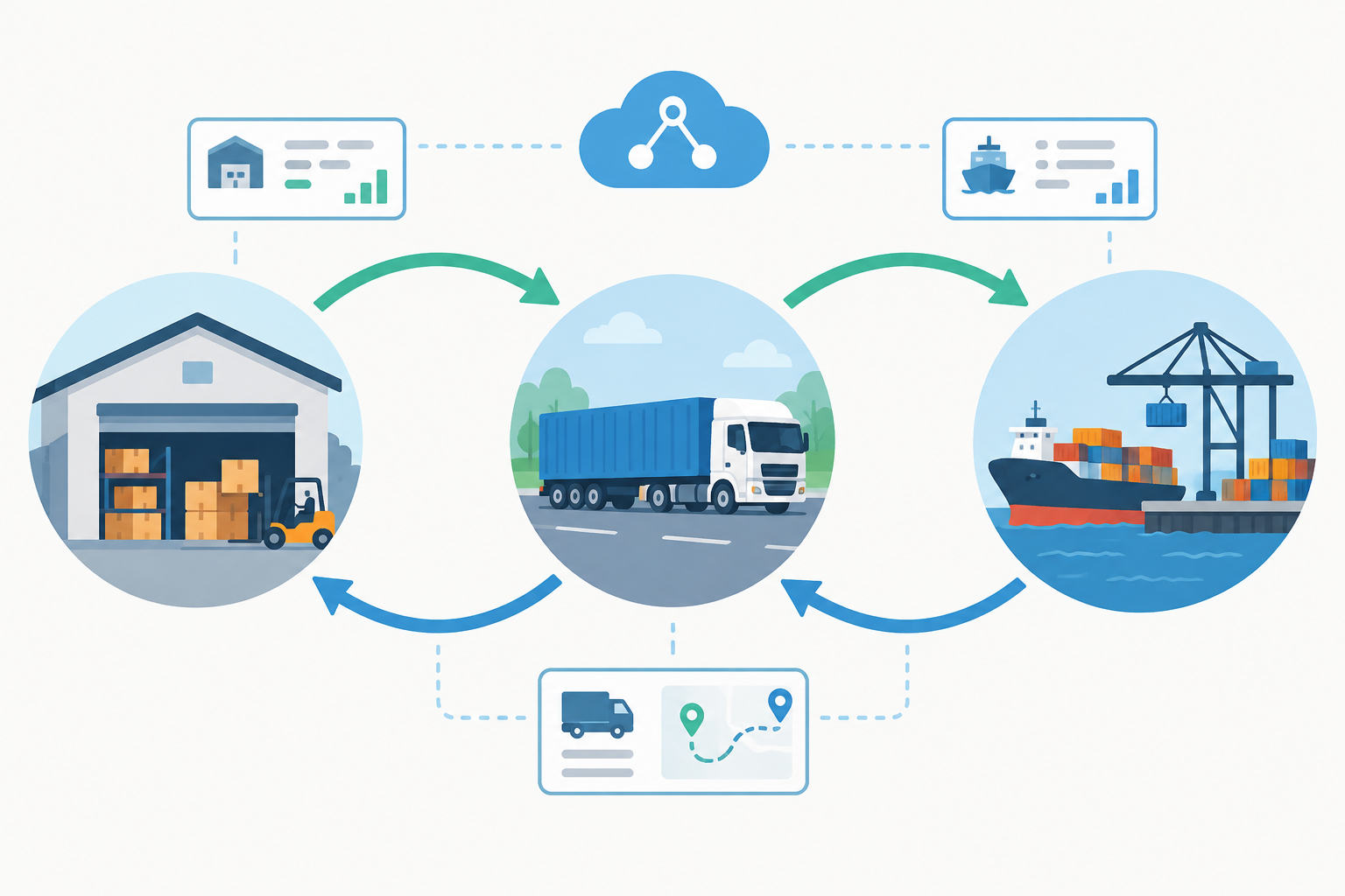 Flat vector diagram illustrating the integration of warehouse, transport, and terminal systems with connected arrows for efficient end-to-end operations.
