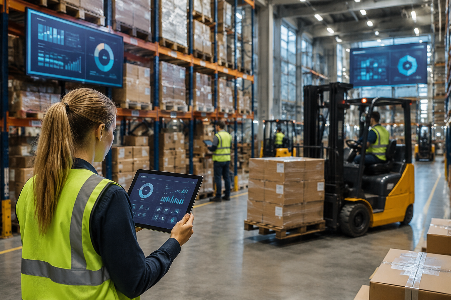 A modern warehouse with organized shelves and workers using tablets to manage cargo, illustrating efficient technology use in logistics.