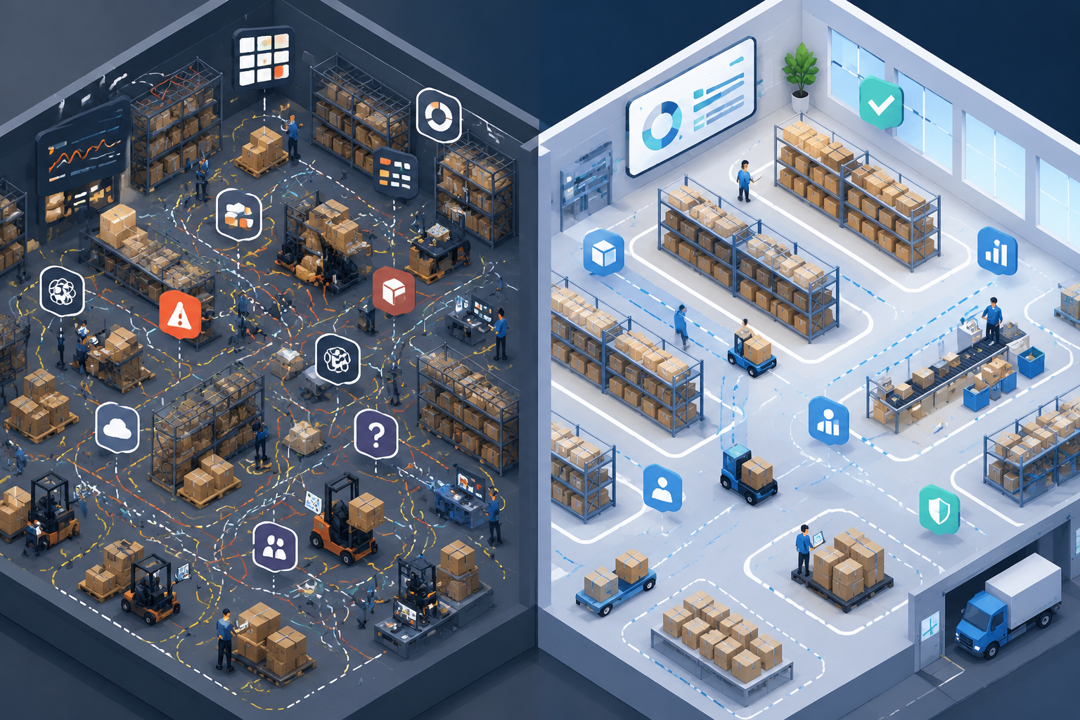 Isometric illustration contrasting a cluttered, complex warehouse system with a clean, simple one, highlighting the challenges of complexity in logistics.