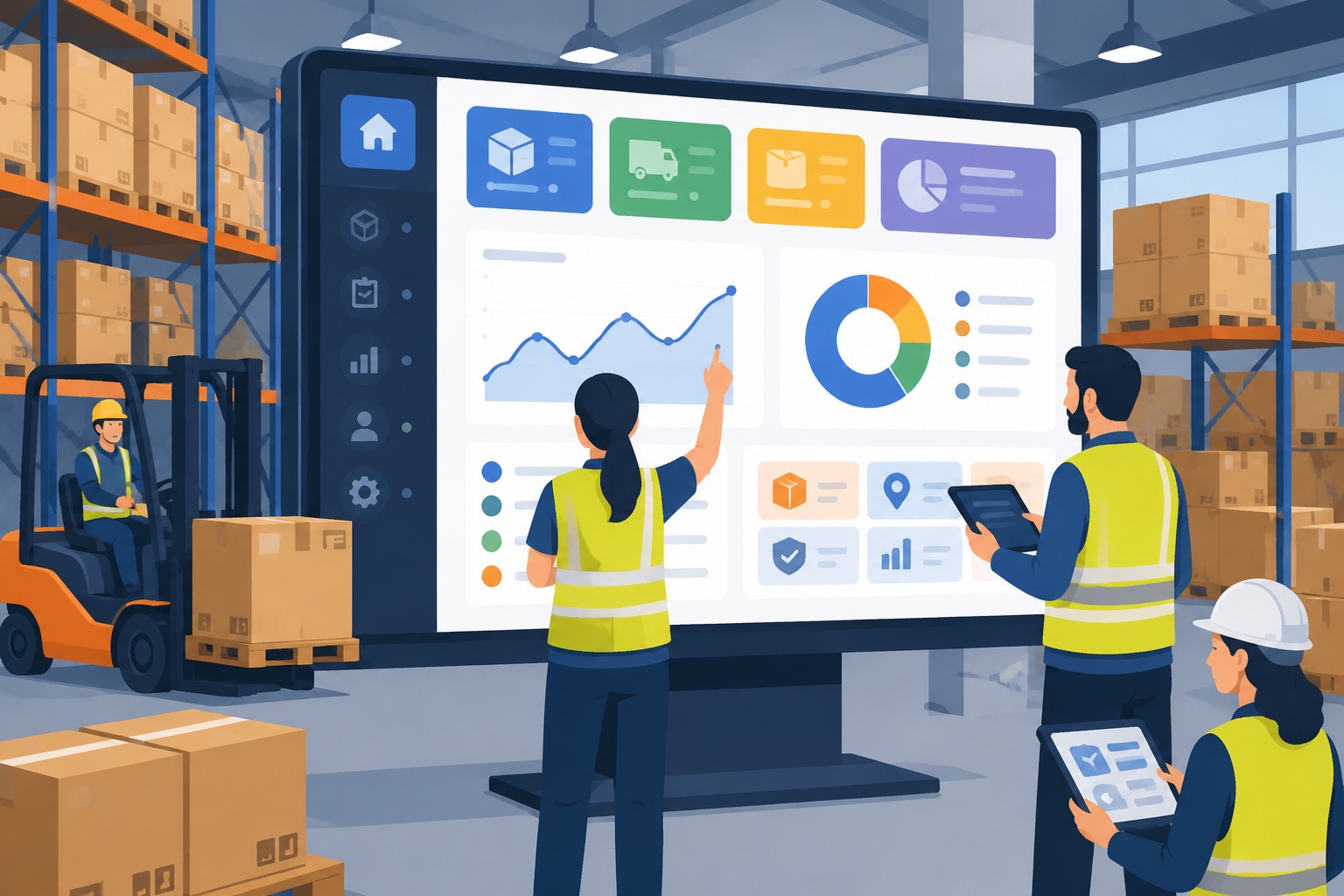 Flat vector image of warehouse staff using a simple, intuitive digital dashboard in a warehouse environment, representing user-friendly WMS features.
