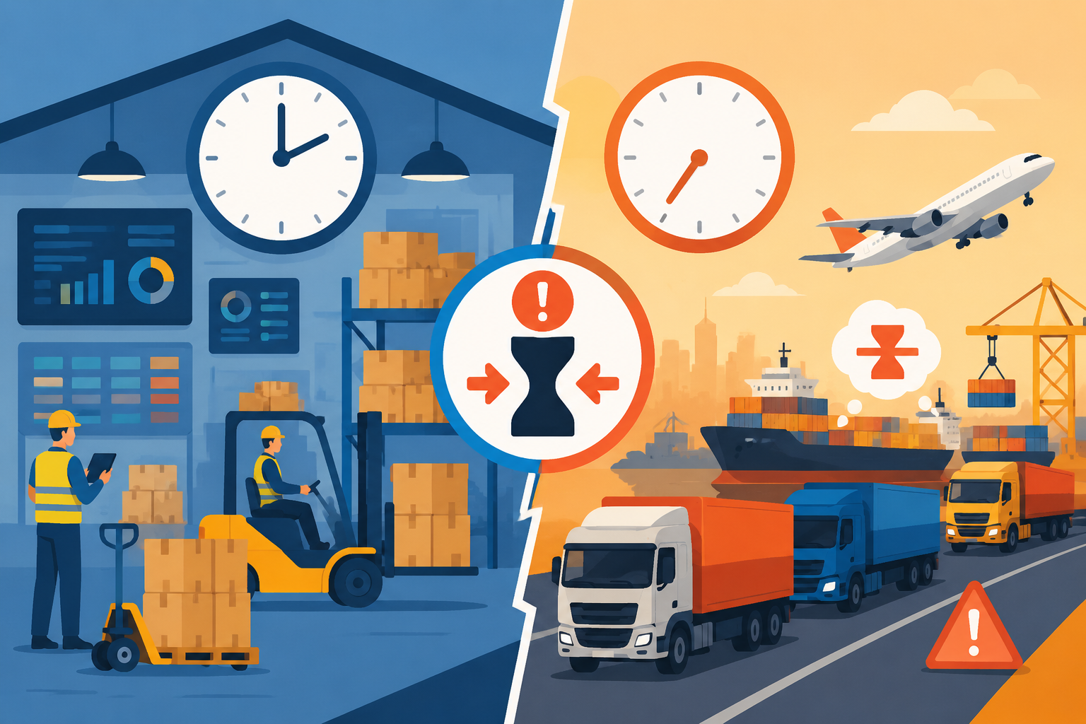 Flat vector split-scene with a warehouse and transport vehicles, showing misaligned clocks and bottleneck icons to illustrate scheduling challenges.