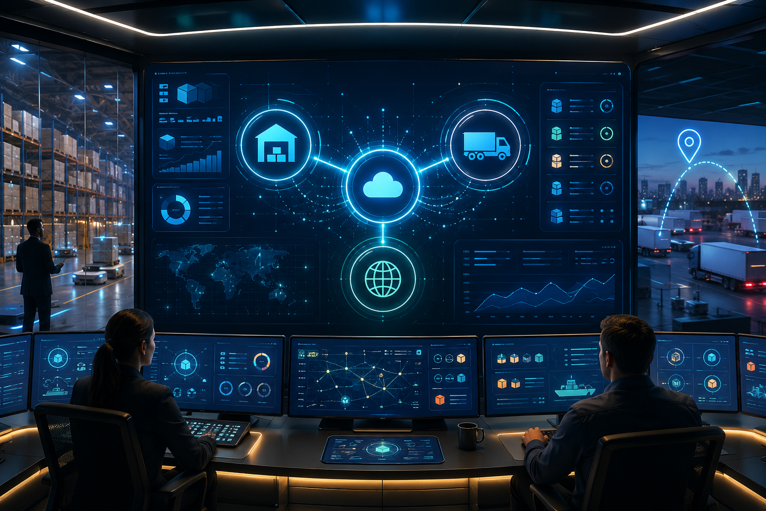3D render of a control room with digital dashboards and abstract icons, representing synchronized warehouse and transport schedules.
