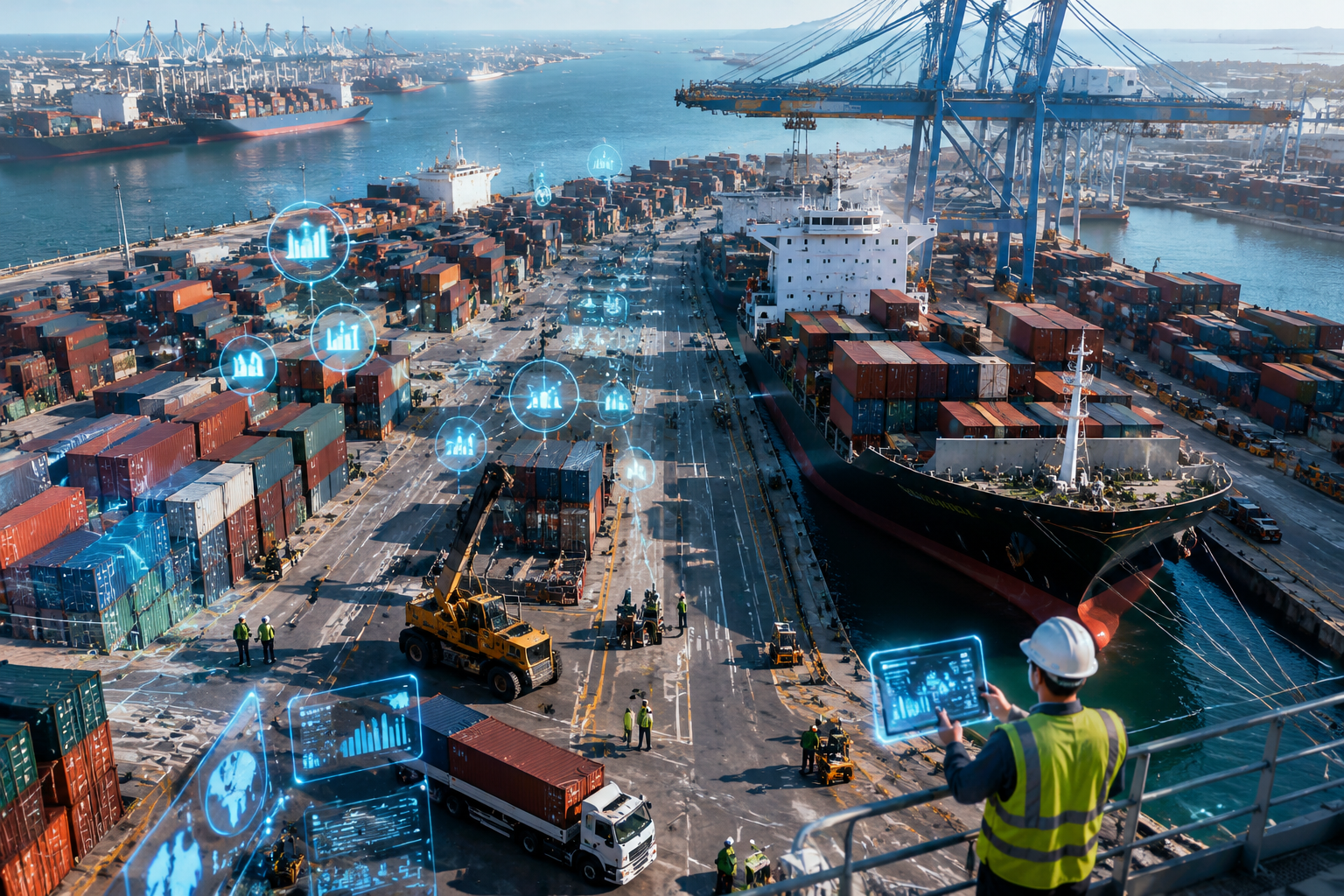 A busy port terminal with shipping containers and workers, enhanced by abstract digital overlays to represent compliance processes.