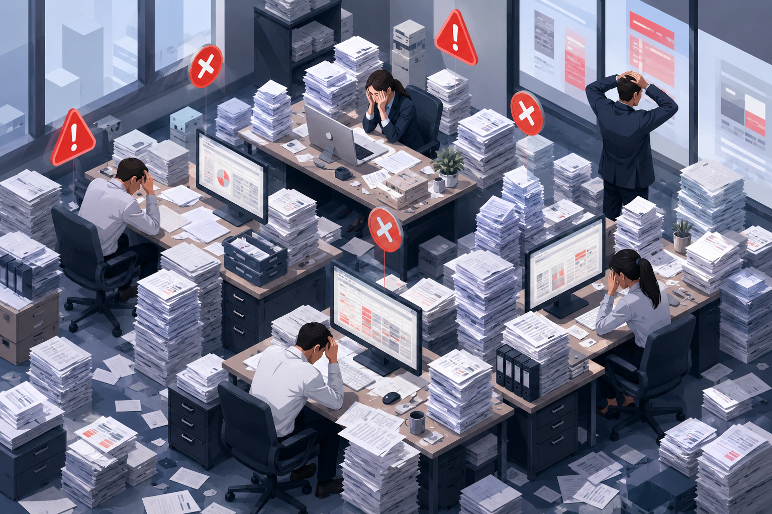 Isometric illustration of an office cluttered with paperwork and spreadsheets, with warning icons and stressed workers showing the risks of manual compliance.